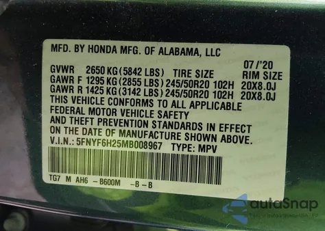 2021 Honda Pilot Awd Special Edition из США, поврежденный, VIN 5FNYF6H25MB008967